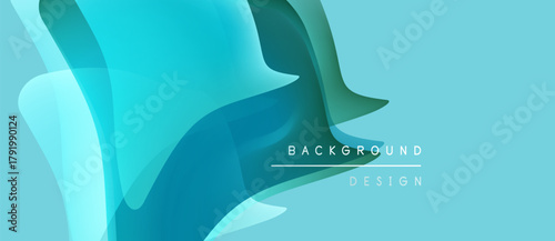 Abstract fluid shapes, turquoise hues, modern design. Background features overlapping layers, soft gradients, text elements.
