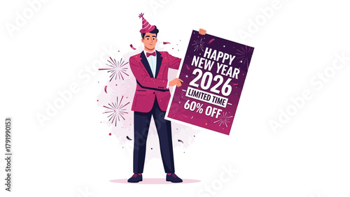New Year Promotion: A smartly dressed man, complete with a party hat, enthusiastically presents a promotional poster announcing Happy New Year 2026, enticing viewers with a limited-time 60% off offer.