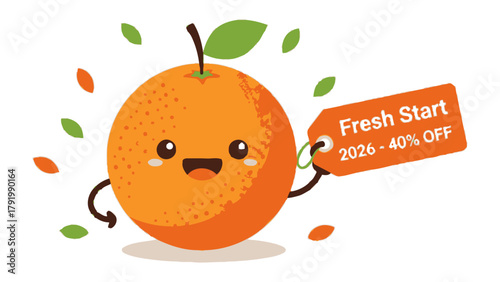 Smiling Orange: An animated orange, radiating joy and holding a tag of sale in a burst of playful energy. Perfect for designs involving nutrition, fruit and joyful themes.