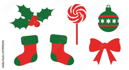 Collection of festive christmas holiday icons including holly berries candy cane lollipop ornament stockings and bow