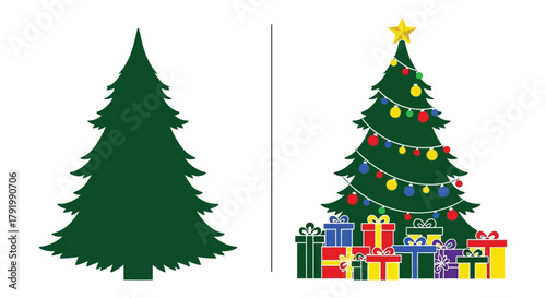 A plain green christmas tree silhouette and a fully decorated festive tree with presents below