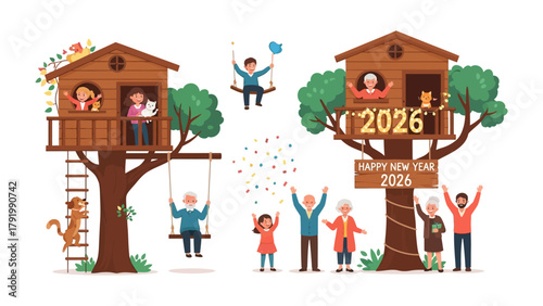 New Year Celebration in the Treehouses: A vibrant illustration depicts a joyful New Year's celebration with people in and around treehouses.