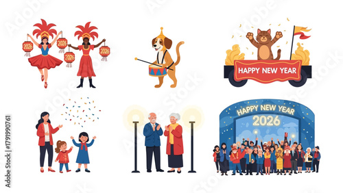Festive Collection: A vibrant assortment of illustrations celebrating various holidays and festive events, featuring dancers, animals, and joyous gatherings.