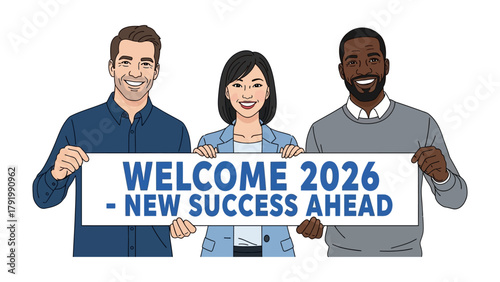 New Success Ahead - Welcome 2026: A group of individuals united in a shared aspiration, welcoming the new year with a message of hope and renewed success, showcasing collaboration. 