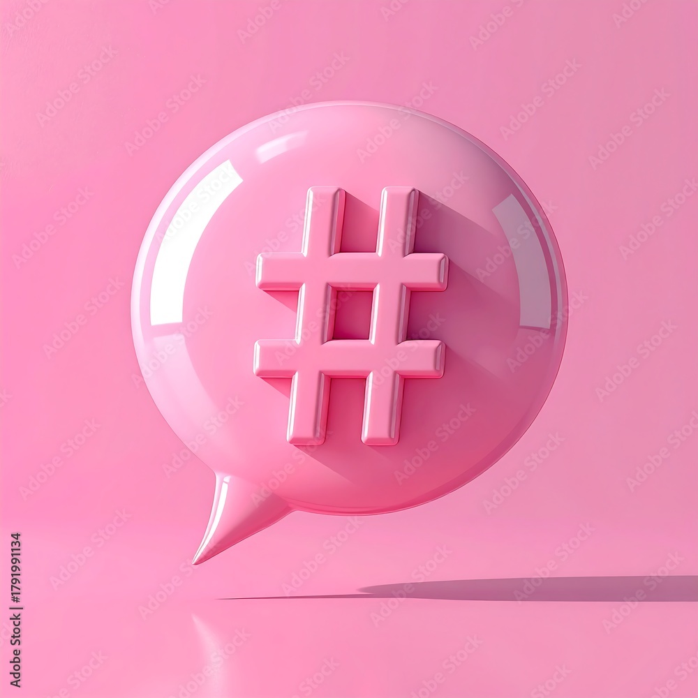 Obraz premium A 3D render of a pink speech bubble containing a hashtag symbol, set against a matching pink background