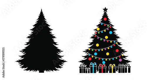 Silhouette of a christmas tree next to a decorated evergreen with colorful lights and presents below