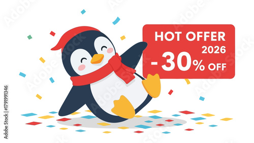 Penguin with Hot offer sign: A cheerful cartoon penguin joyfully reclines, a vibrant advertisement promoting savings on a backdrop of festive confetti and excitement. 