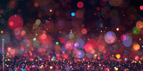 Brightly glowing Christmas lights and colorful decorations create a festive blur on a dark, snowy holiday night backdrop