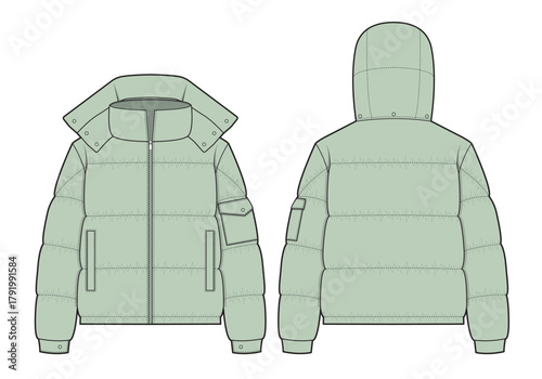 Puffer jacket front and back view mockup template vector design technical illustration