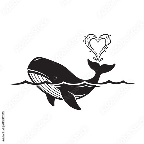 Whale swimming with heart water spout art