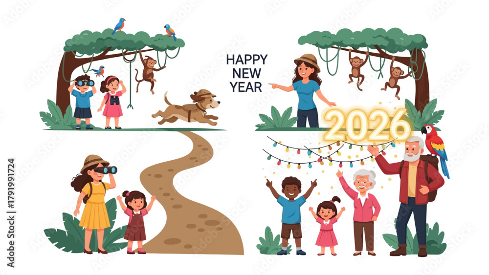 Fototapeta premium New Year Celebration 2026: A vibrant and colorful illustration that celebrates the arrival of the year 2026, filled with various families, kids, animals, and festive elements of new year.