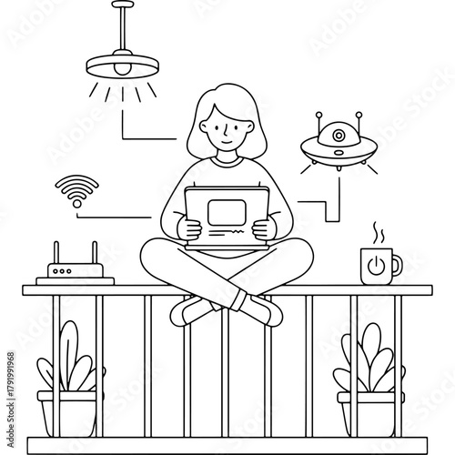 Smart home technology. Woman sitting on balcony and using tablet. IoT, WiFi, smart lights and robots. Vector illustration of modern lifestyle.