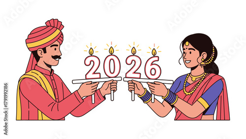Celebrating the Future: A couple stands together, illuminated with the year 2026, embracing a hopeful new year