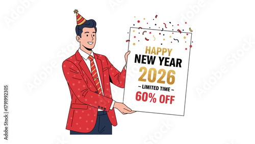 New Year's Celebration: A festive illustration of a man cheerfully holding a sign that indicates an offer of discount.