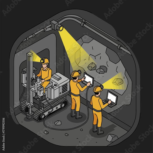 Miners working underground with drilling equipment and laptops.