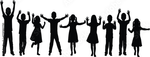 Children, silhouette, dancing, jumping, playful, energetic, joyful, unity, motion, celebration, freedom, casual, pose, group, raised arms, childhood, fun, happiness, outdoor, movement