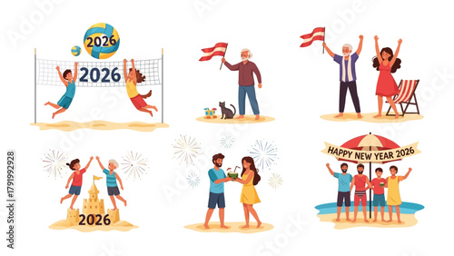 New Year Festivities 2026: A vibrant and diverse set of illustrations depicting joyful celebrations, beach scenes, and festive activities to ring in the new year. 