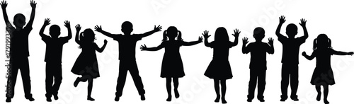 Children, silhouette, playful, joyful, unity, celebration, happiness, freedom, outdoor, fun, casual, pose, group, standing, arms raised, together, childhood, friendship, motion, energy