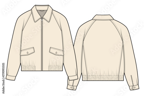 Raglan sleeve jackets vector design mockup template technical flat drawing.