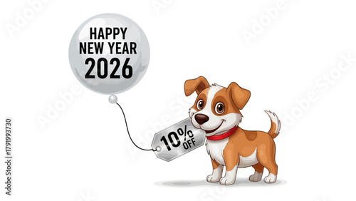 Dog with new year 2026 balloon and 10% off label: An adorable cartoon dog is shown joyfully holding a 10% off label. A balloon with Happy New Year 2026 written on it floats next to it.