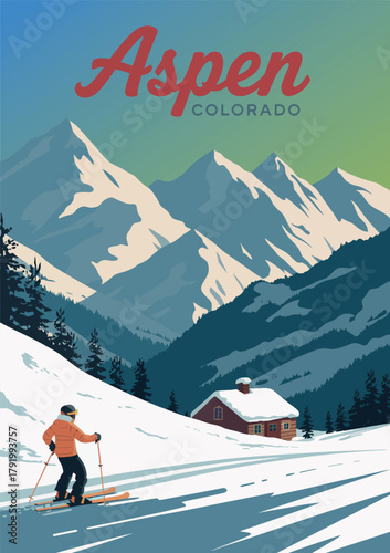 Aspen colorado travel poster vintage design with winter mountain landscape illustration