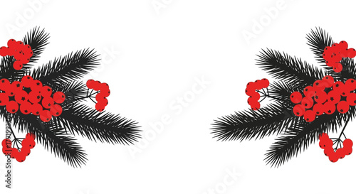 Two symmetrical clusters of dark green pine branches adorned with bright red rowan berries against a white background