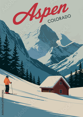 Aspen winter landscape vintage poster design for colorado travel and alpine tourism