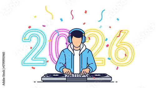 DJ Performing 2026 Party: A vibrant and modern illustration showcases a DJ in action.
