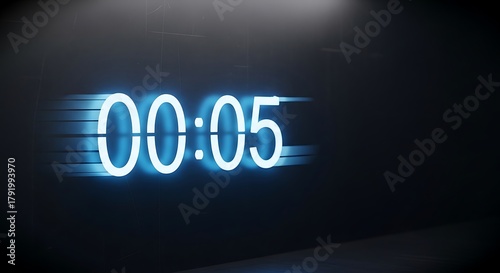 Countdown timer with glowing blue numbers for sports broadcasting, game streaming, or product launch events with a modern and dynamic feel