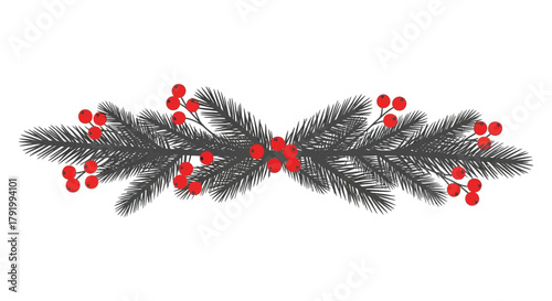Festive christmas garland of dark green fir branches adorned with bright red berries for holiday decoration