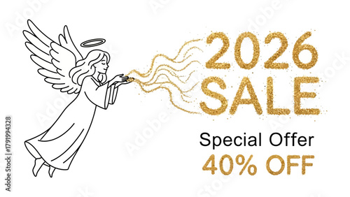 Divine Deal: An ethereal angel blows golden glitter towards a shimmering 2026 Sale announcement, accompanied by a special offer of 40% OFF. This image captures the essence of a divine deal. 