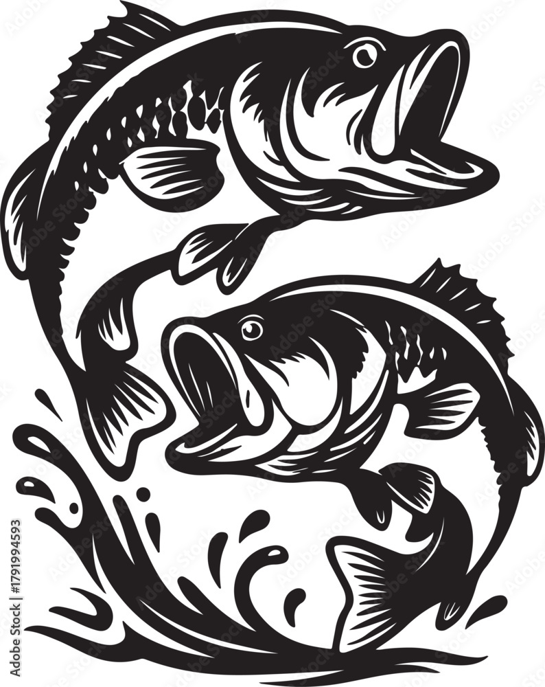 Obraz premium jumping largemouth bass leaping out of water with splash and spray silhouette vector