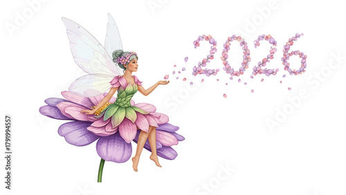 Enchanting Fairy and Blossom Year: A whimsical fairy, delicately perched on a floral blossom, conjures a stream of petals that form the year 2026, creating a scene of magic and new beginnings.
