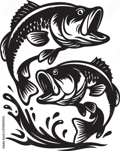 jumping largemouth bass leaping out of water with splash and spray silhouette vector