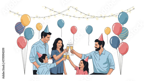 Celebratory Toast: A cheerful family, adorned in festive attire, raises their glasses in a joyous toast, enveloped by the celebratory ambiance of balloons and string lights.