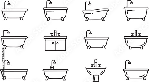Bathroom fixtures outline icons set for plumbing and hygiene
