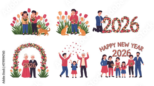 Blooming New Year: An ensemble of delightful illustrations, celebrating the arrival of the New Year, brimming with vibrant blooms and heartwarming family moments.