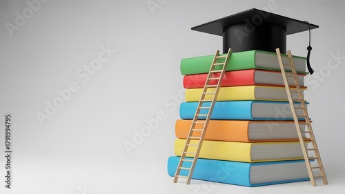 Education Success Concept with Stack of Books, Ladders, and Graduation Cap – Knowledge and Achievement Symbol