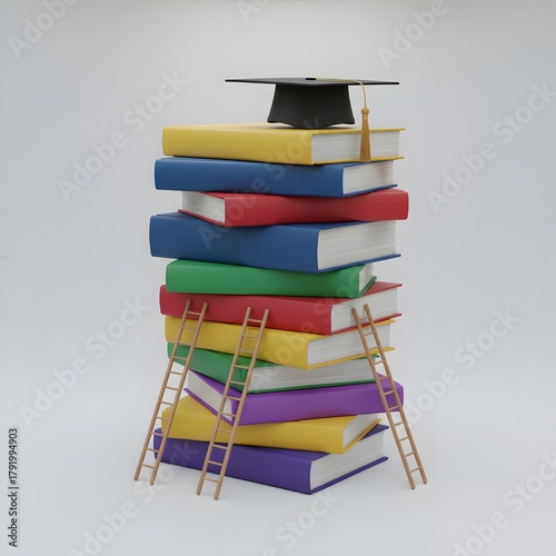 Education Success Concept with Stack of Books, Ladders, and Graduation Cap – Knowledge and Achievement Symbol
