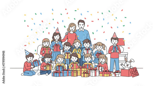 Family Celebration of Birthday: A heartwarming scene unfolds as a large family gathers for a birthday celebration, surrounded by colorful confetti and a collection of presents, representing happiness.