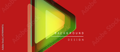 Abstract geometric design. Overlapping triangles create playfulness. Red background contrasts vibrant green, yellow hues. Minimalist text present.