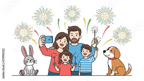 Family's Festive Celebration: A cheerful family, complete with a playful pet dog and a curious rabbit, are illuminated by the vibrant hues of fireworks and sparklers.