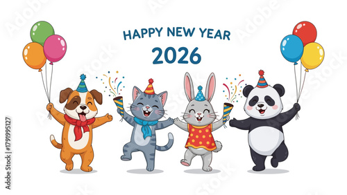 Celebratory Companions: Adorable cartoon animals, each adorned with festive party hats and balloons, joyfully welcome the new year with a burst of confetti.