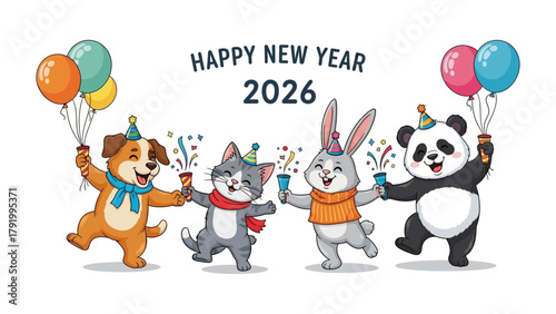 A Festive New Year's Bash: An adorable group of animal characters joyfully welcomes the new year. With festive decorations and a celebratory spirit.