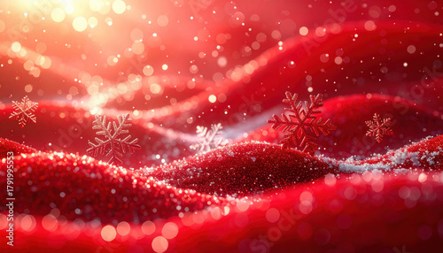 Festive red background with sparkling snowflakes and bokeh lights creating magical holiday atmosphere