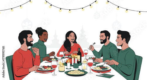 A diverse group of friends enjoying a festive holiday dinner party, sharing food and conversation together under celebratory string lights