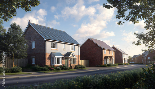 Newly built houses stand along a quiet street in a suburban neighborhood, showcasing modern architecture and inviting family homes under a bright sky.