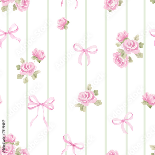 Watercolor seamless pattern with pink roses and bows on light stripes. Romantic floral design in pastel tones perfect for fabric, wallpaper, gift wrapping and feminine decor.