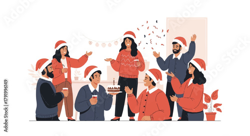 Festive Gathering Celebrating with Cake and Merriment in a Cozy Holiday Party Atmosphere