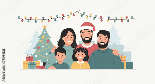 A happy modern family with two fathers and their children posing for a Christmas holiday portrait with a tree and gifts